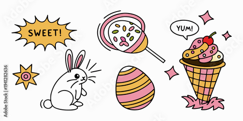 A colorful Easter-themed vector graphic featuring a bunny, candy, and ice cream