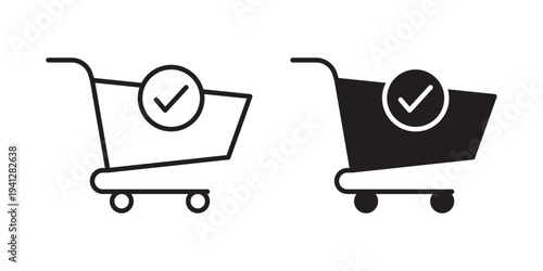 Shopping cart check icon for web, design. Linear illustrations, editable strokes