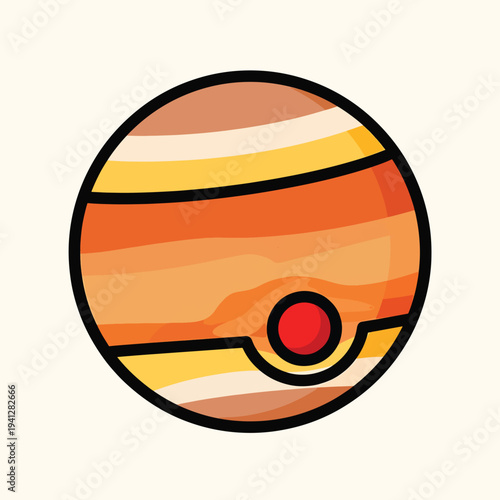 A cartoon depiction of a planet with layers of warm colors and a prominent red spot. It has a thick black outline