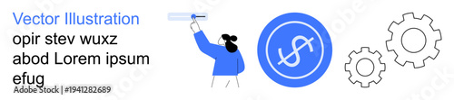 Financial services, fintech tools, business solutions, technology, maintenance, iconography. Dollar sign, person adjusting gears. Financial services and fintech tools