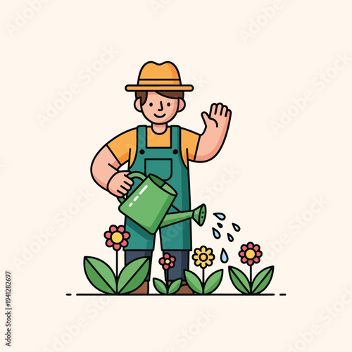 A cartoon farmer, wearing overalls and a hat, waters flowers with a green watering can, smiling and waving