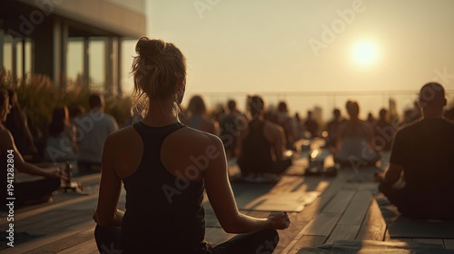 Woman meditating during sunset on an outdoor terrace with seated yoga participants in the background
