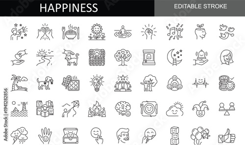 Happiness and Mental Wellbeing Icon Set: Mindfulness, Positive Psychology, Self-Care, Healthy Lifestyle, and Emotional Balance Vector Line Icons with Editable Stroke for Wellness Apps and Coaching