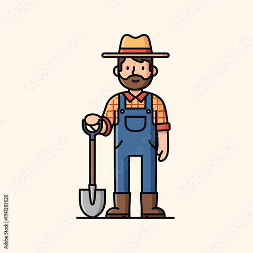 A cartoon farmer with a hat, beard, and overalls holding a shovel against a plain background.  It is a simple illustration