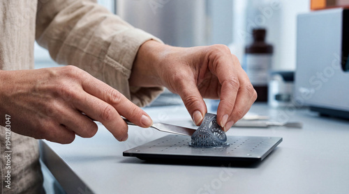 Woman's hands removing 3D printed jewelry from a build plate.