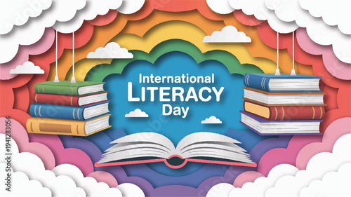International literacy day celebration with books and rainbow clouds symbolizing education and learning