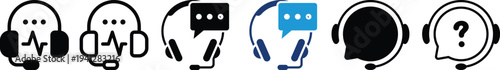 Call center agent with headset icon set. 24 7 customer support service concept. Online assistance, helpdesk operator sign. Telemarketing, technical consultation symbol.Support service icon,
