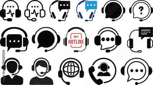 Call center agent with headset icon set. 24 7 customer support service concept. Online assistance, helpdesk operator sign. Telemarketing, technical consultation symbol.Support service icon,