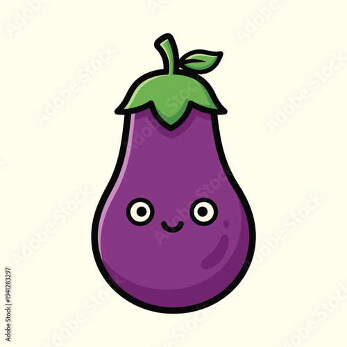 A cartoon eggplant, featuring a purple body, green top, and smiling face. It’s on a cream background with simple outlines