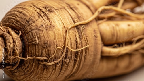Close-up macro of a gnarled, textured ginseng root, with fine rootlets
