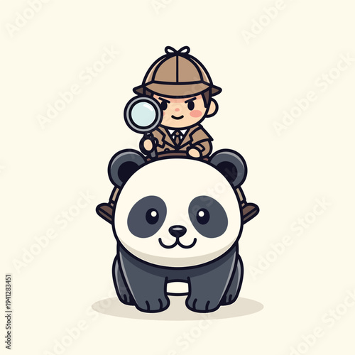 A cartoon detective with a magnifying glass rides a panda. The detective wears a hat and coat. The panda has a smiling face