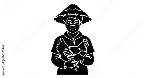 Farmer Wearing Mask Holding Chicken, Asian Straw Hat, Pandemic Protection