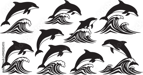 Dolphins jumping out of waves in black and white