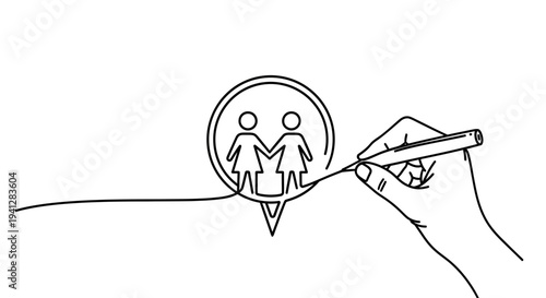 Hand drawing connection between two women figures in a location pin icon