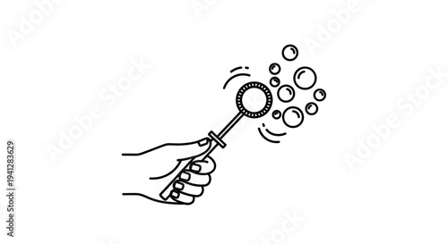 Hand blowing bubbles with wand, line art illustration, isolated on white background