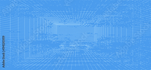 3d wireframe grid room. 3d perspective laser grid 16 9.. Cyberspace blue background with white mesh. Futuristic digital hallway space in virtual reality. Vector illustration.