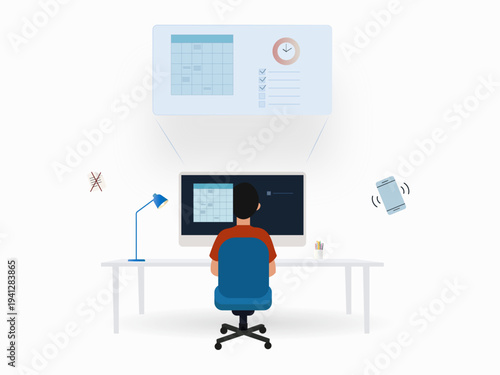 Flat vector illustration of a person organizing tasks and managing schedule on a computer using a digital calendar and checklist. Concept of productivity, time optimization and structured workflow.