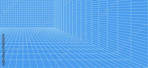 3d wireframe grid room. 3d perspective laser grid 16 9.. Cyberspace blue background with white mesh. Futuristic digital hallway space in virtual reality. Vector illustration.