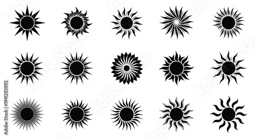 Collection of various black sunburst and solar flares icons on white background for design and decoration