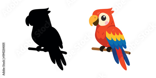 Cute colorful parrot cartoon with shadow silhouette for kids educational game