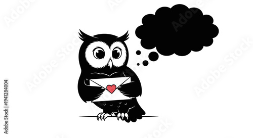 Cute Owl Holding Love Letter with Heart, Speech Bubble for Message