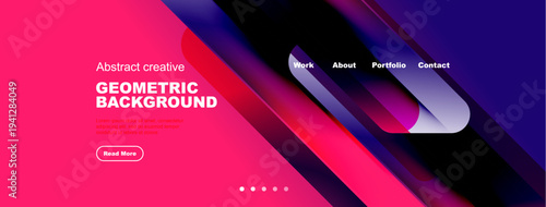 Bright pink website header. Geometric shapes overlap, creating dynamic visual effect. Navigation menu present, text visible.
