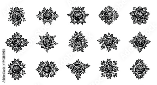 Set of black and white floral mandala designs on plain background for decorative use