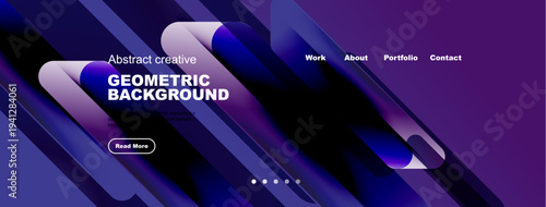 Dynamic fluid shapes, vibrant colors, website header design. Modern geometric background with text elements, navigation menu.
