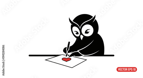 Cute Owl Writing Love Letter with Heart Drawing