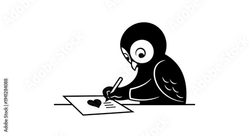 Cute Owl Writing a Love Letter with Heart on Paper