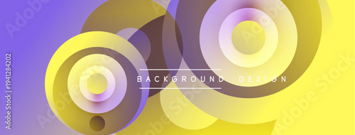 Abstract circles overlap, creating vibrant gradients. Purple, yellow hues dominate design. Modern aesthetic, clean lines present.