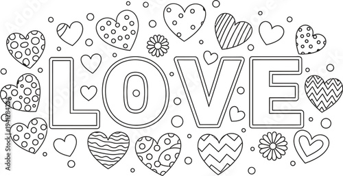 A coloring page with hearts and the word love