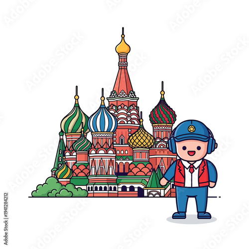 A cartoon illustration depicts a vibrant, iconic building with colorful domes and ornate architecture, alongside a smiling character in a blue uniform