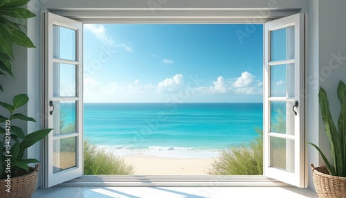 Open window framing beautiful blue ocean view. Sandy beach and green grass visible. Sunny day with clear sky. Tropical paradise escape offers peace and relaxation.