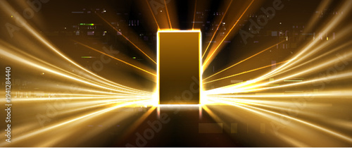 Futuristic digital open door or portal, glowing neon cyberspace. Abstract vector background with dynamic data streams and glich effect, 3d tech gate entrance illuminated by golden light