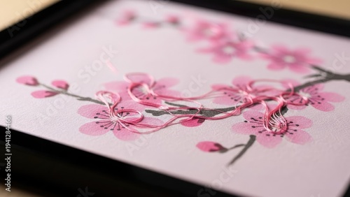 Close-up of framed floral art, merging painted and embroidered cherry blossoms
