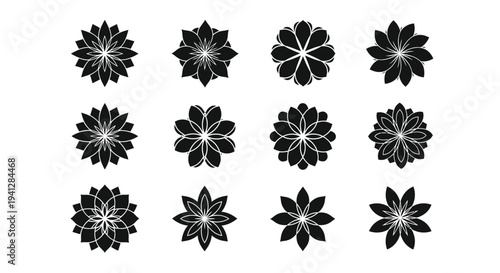 Black floral patterns on white background set of 12 symmetrical flower designs decorative elements for graphic design and craft projects