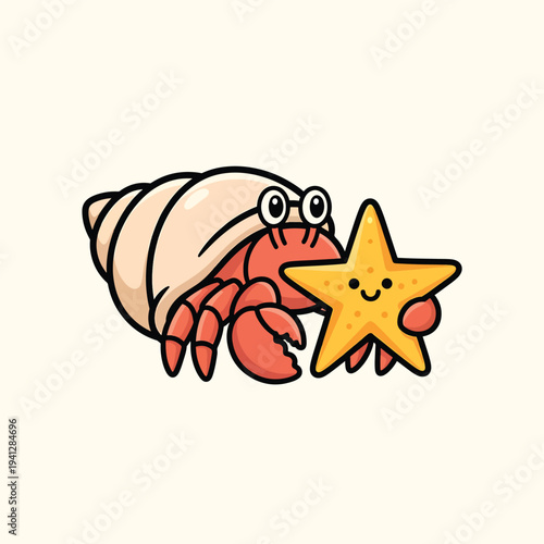A cartoon hermit crab, with large eyes, peers at a smiling starfish. Both have black outlines, against an off-white background