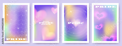 Pride rainbow colors posters, vector illustrations. Card with iridescent gradient background, abstract wireframe pattern and blured heart shapes. LGBTQ month templates for happy inclusive design