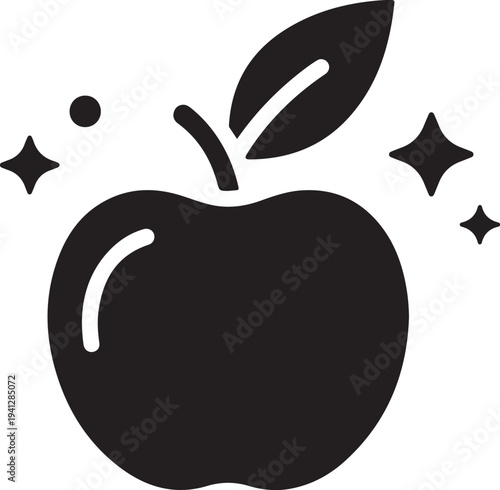 Simple black apple icon with sparkles and leaf illustration