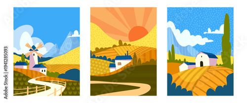 Autumn mountain countryside landscapes, abstract vector posters. Rolling orange hills or fields, windmill and barn under blue sky. Summer cards design with trees, sunrise and geometric pattern