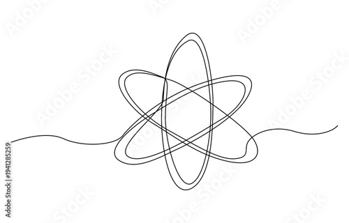 Continuous Line Atom Symbol,Atom symbol continuous one line art drawing, molecule continuous one line drawing, Atom molecule one continuous line design. Decorative elements drawn.