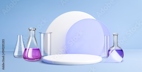 White podium with transparent lab glassware and blue circles, realistic vector background. Flasks with pink, purple liquids, geometric platform for laboratory display, presentation
