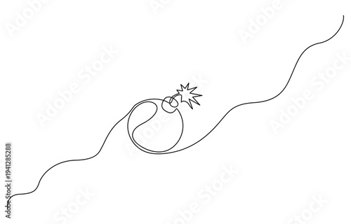 Bomb with burning fuse in one Continuous line drawing. Bomb with burning fuse continuous one line drawing, Continuous line drawing of dynamite with burning wick. TNT explosion concept in minimalist
