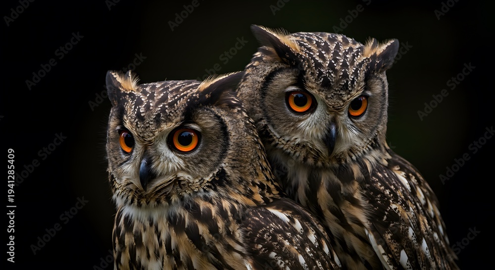 Obraz premium Pair of Beautiful Owls with Bright Orange Eyes Perched in Darkness