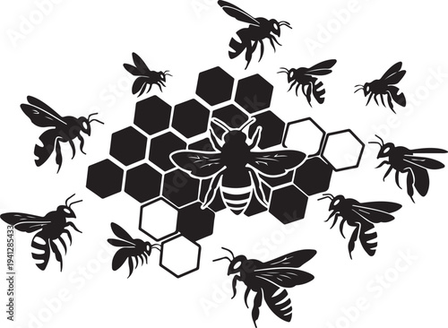 Black bees flying around honeycomb on white background illustration