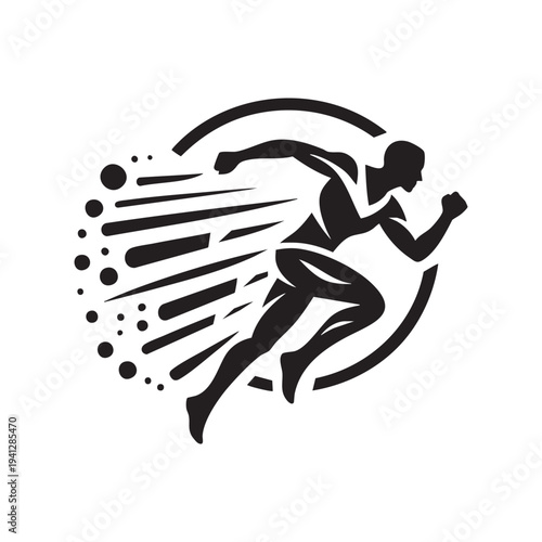 A black and white silhouette of a running athlete in motion