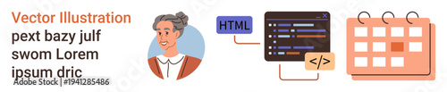 Web development, coding, project management, scheduling, planning, technology concepts. Woman portrait, coding interface calendar icons. Web development and project management ion