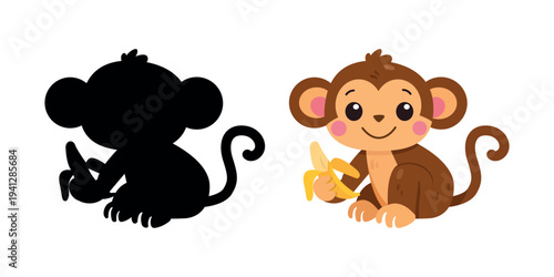 Cute monkey cartoon with banana and shadow silhouette for kids educational game