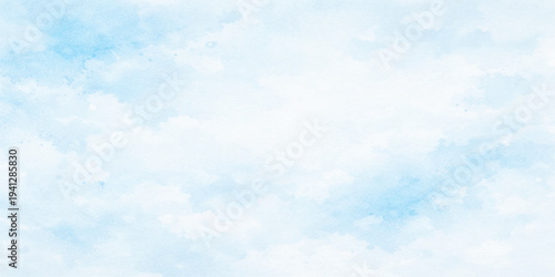 Light blue and white abstract watercolor background with soft cloud wash texture, gentle paint splatter and minimal pastel artistic sky design on paper surface.